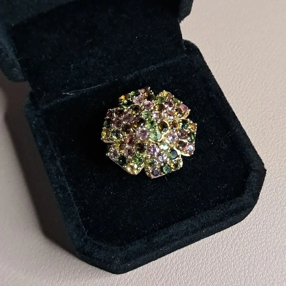 Multi-Tourmaline Floral Ring In 14k YG Vermeil Over 925 Sterling Silver - Picture 4 of 9